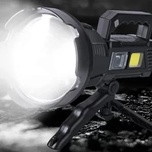 Aku. rechargeable 100W LED CREE XHP50 COB reflector flashlight USB powerbank + tripod