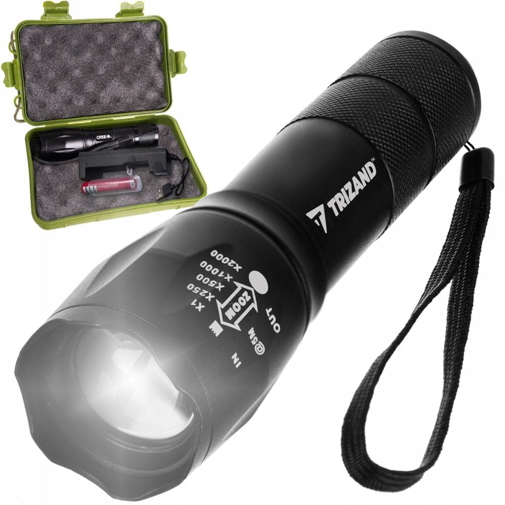 a black flashlight with a strap and a green case