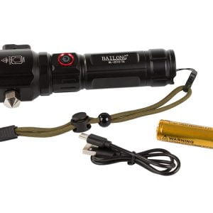 3v1 taktična aku. LED alu. ročna svetilka ZOOM kladivo + powerbank