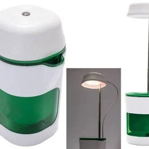 a green and white object with a light
