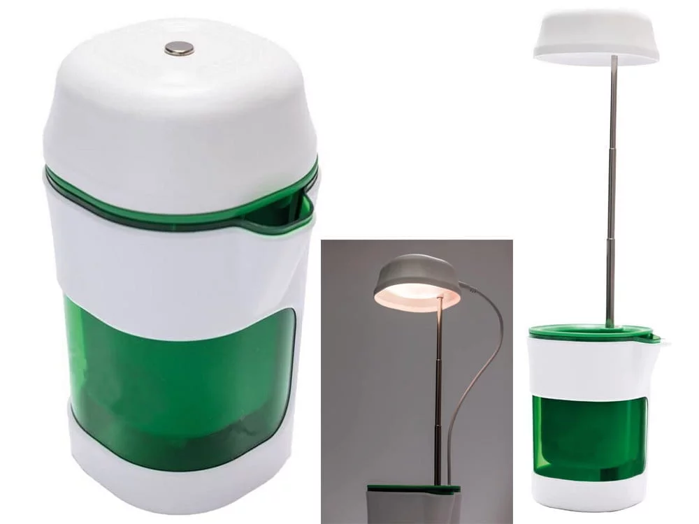 a green and white object with a light