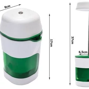 a green and white container with a handle