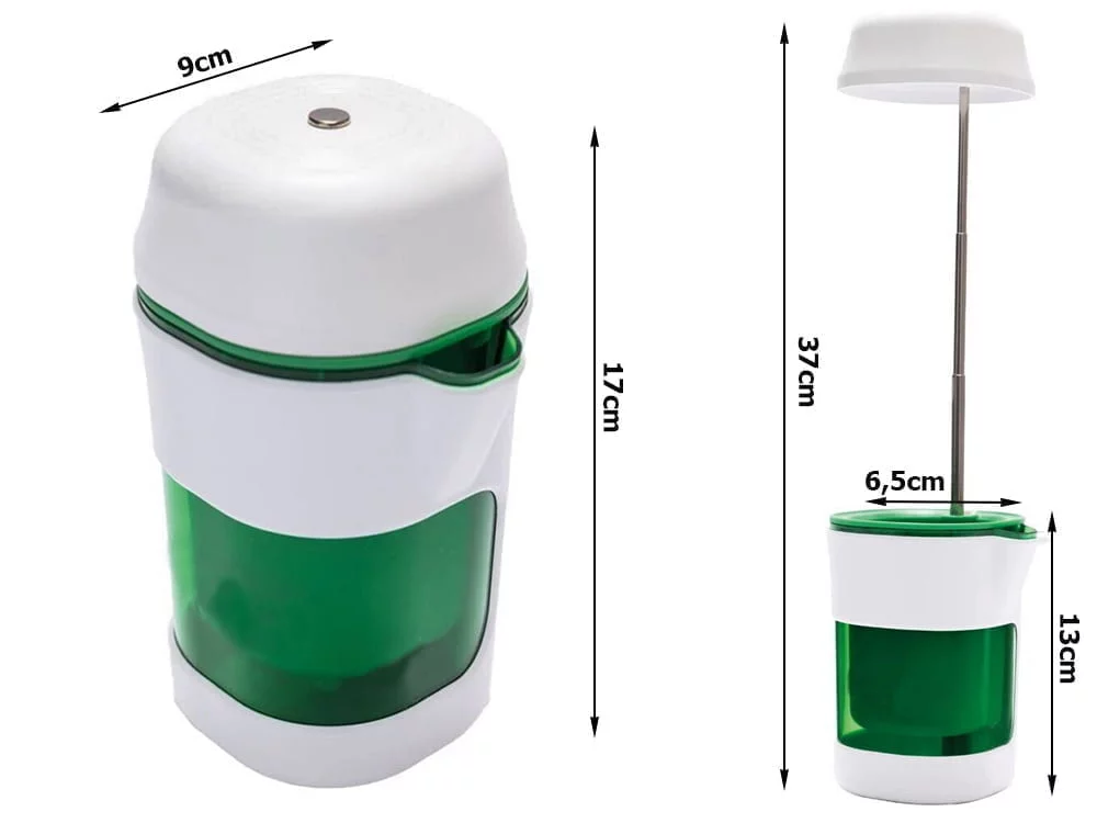 a green and white container with a handle