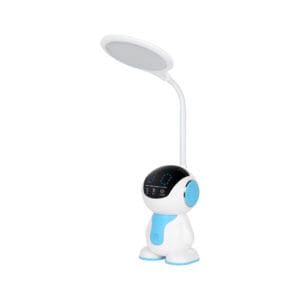 a white and blue robot lamp