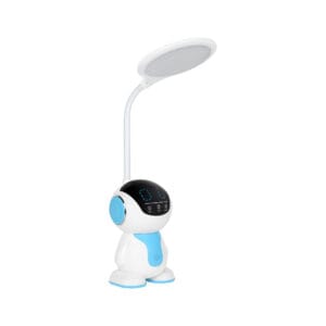 a white and blue robot lamp