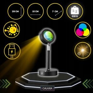 7W LED RGB namizna sončna svetilka in projektor 27cm USB 21 a round black object with a round black pole with a round black object with yellow circles and a black background with a black background