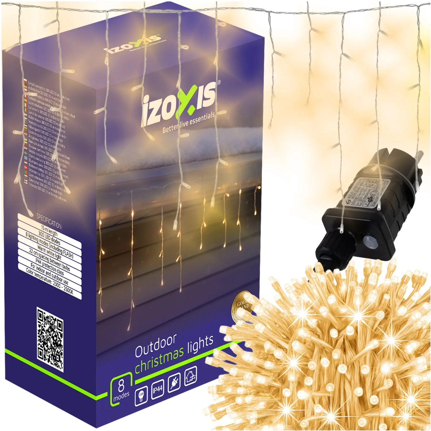 [ "Outdoor Christmas lights curtain 300 LED warm white for holiday lighting" ]
