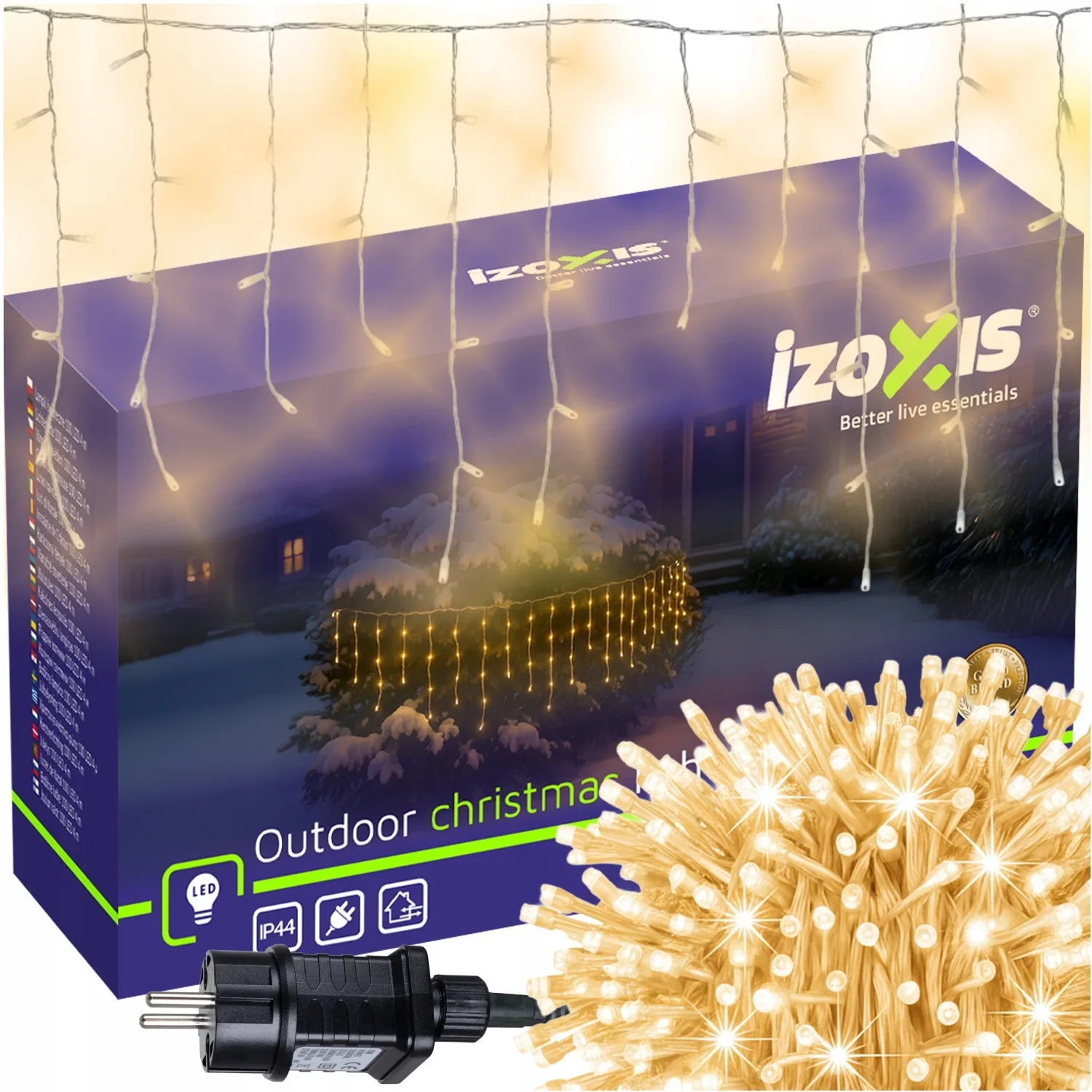 [ "Outdoor Christmas LED lights curtain 100 warm white lights for a festive atmosphere." ]