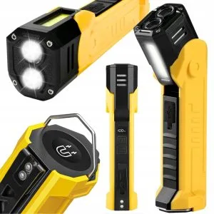 LEDsvet.si 13 3v1 COB LED aku. magnetna delavniška svetilka powerbank USB LCD kavelj rumena