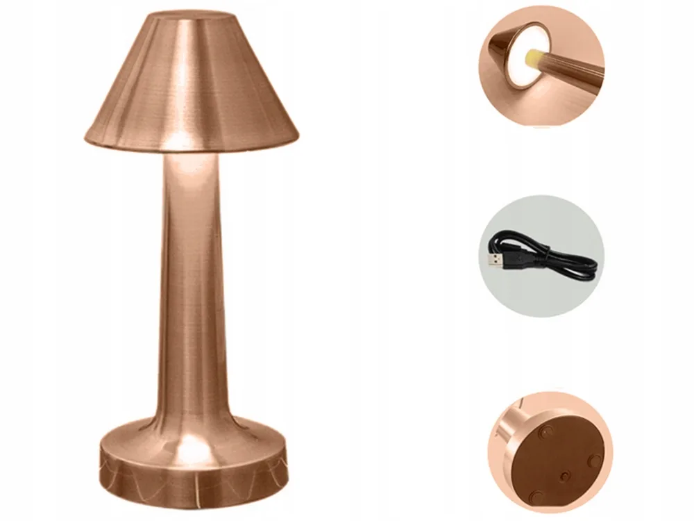 Copper LED touch table lamp, rechargeable, 3 colors