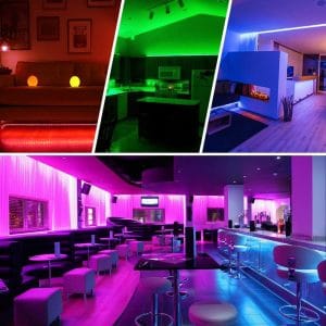 Two rolls of RGB LED strip lights glowing with colorful light effects
