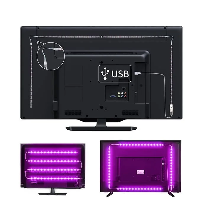 TV LED şerit RGB 4x 50cm USB 8 Televizyonun arkasına monte edilmiş, ışık saçan RGB LED şeritler.