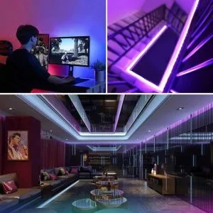 Kolut RGB LED trake sa daljinskim upravljačem i adapterom na bijeloj pozadini