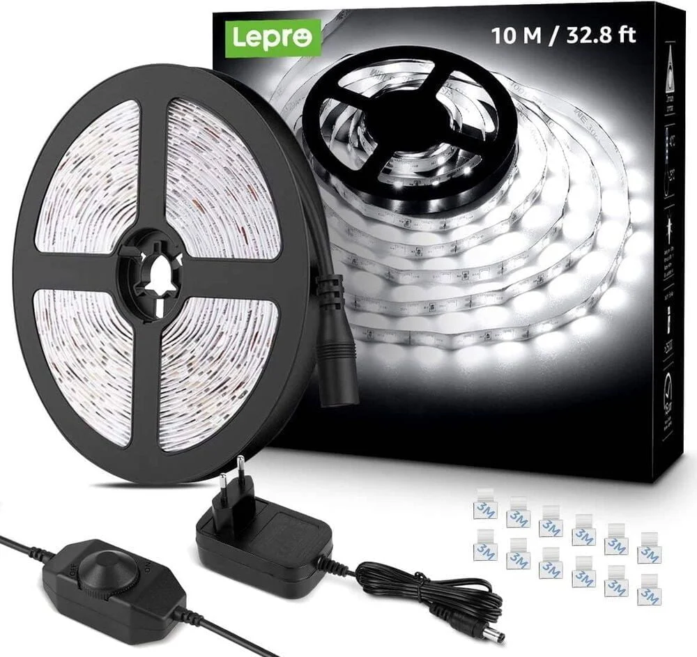 10m Set white 6000K LED strip IP20 + dimmer 1 Bright white LED strip wound on a reel with included dimmer