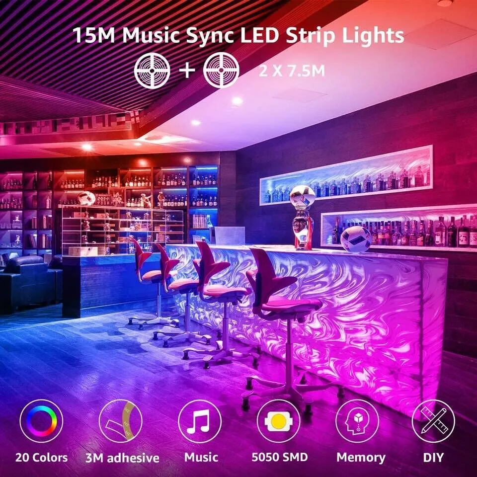 Conjunto de fita LED RGB IP15 -20x2m de 7,5m música 2 Dois rolos de fita LED RGB com controlador e controle remoto.