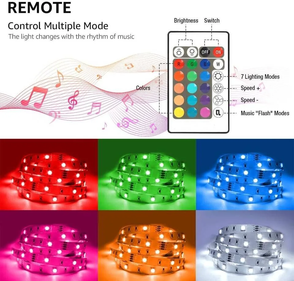 Conjunto de fita LED RGB IP15 -20x2m de 7,5m música 4 Dois rolos de fita LED RGB com controlador e controle remoto.