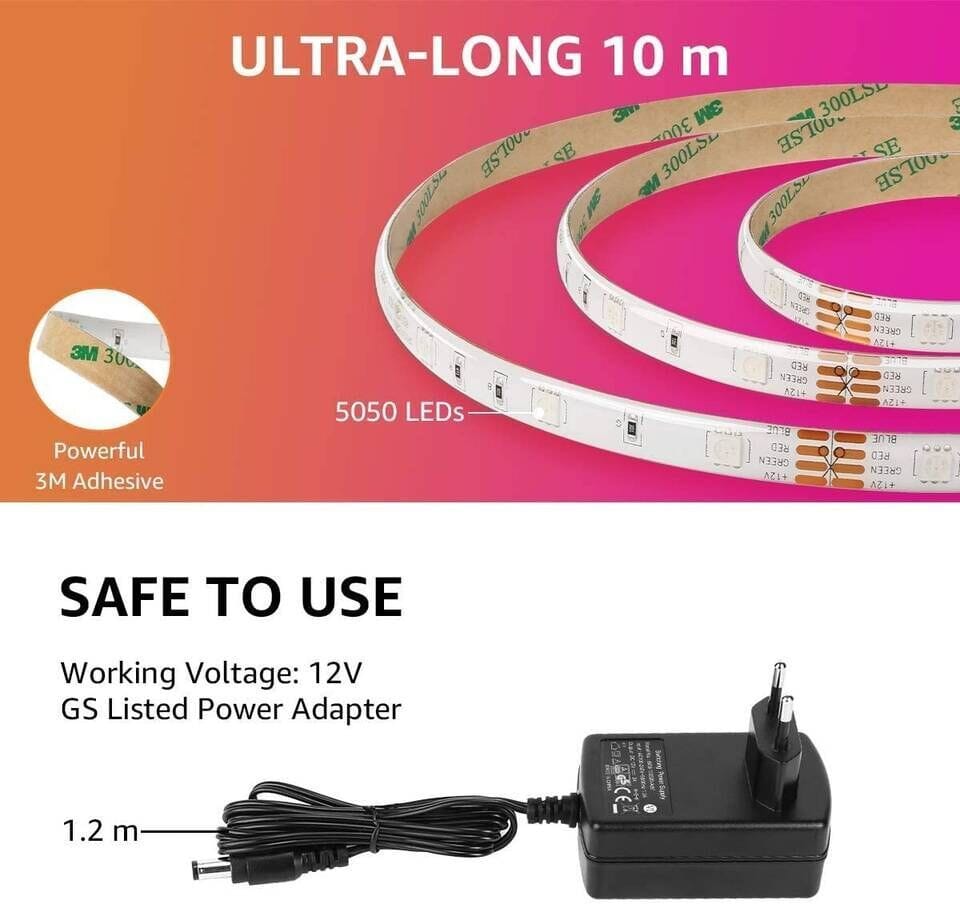 10m Set LED trak RGB IP20 - 2x5m 44 tipk + napajalnik 5 Svetleč RGB LED trak navit na dveh kolutih s priloženim daljincem