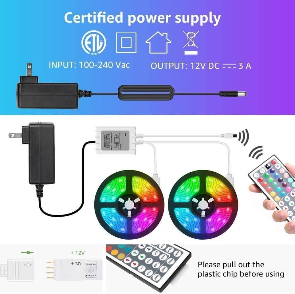 10m Set LED trak RGB IP20 - 2x5m 44 tipk + napajalnik 6 Svetleč RGB LED trak navit na kolutu z daljinskim upravljalnikom ob strani
