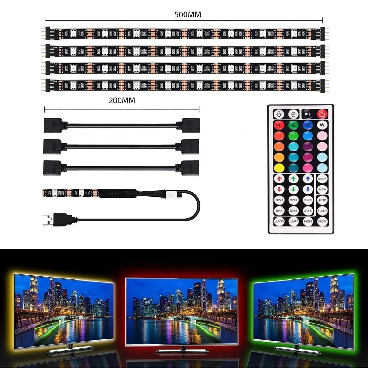 LED osvetlitev televizorja RGB 4 x 50 cm USB LED trak set 4 RGB LED trakovi nameščeni na zadnji strani televizorja oddajajo modro svetlobo