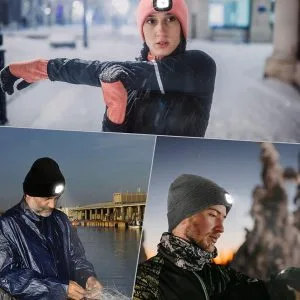 Črna pletena zimska kapa z vgrajeno svetlečo LED svetilko na sprednji strani