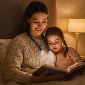 Črna upogljiva LED svetilka za vrat s svetlečima glavama na koncih
