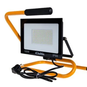Črn 100W SMD LED gradbeni reflektor s rumenim nosilnim stojalom