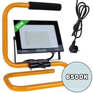 Faro da cantiere portatile a LED SMD da 50W, 6500K, con stativo giallo stabile.