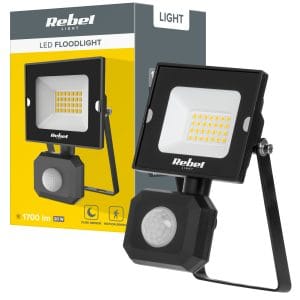 Črn 20W zunanji LED reflektor s senzorjem gibanja in nevtralno belo svetlobo 4000K.
