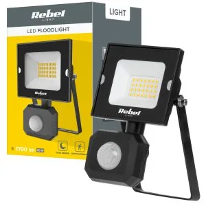 Black 20W outdoor LED spotlight with motion sensor and neutral white light 4000K.