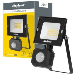 Črn 20W zunanji LED reflektor s senzorjem gibanja in hladno belo svetlobo 6500K.