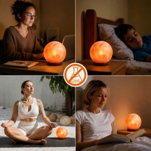 Okrogla namizna himalajska solna lučka 3kg ionizator 15W 23 Okrogla oranžna himalajska solna lučka na leseni podlagi nežno sveti